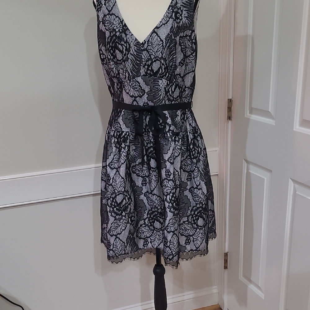 I.N. Studio Black Lace Overlay V-Neck Mini Dress with Ribbon Waist